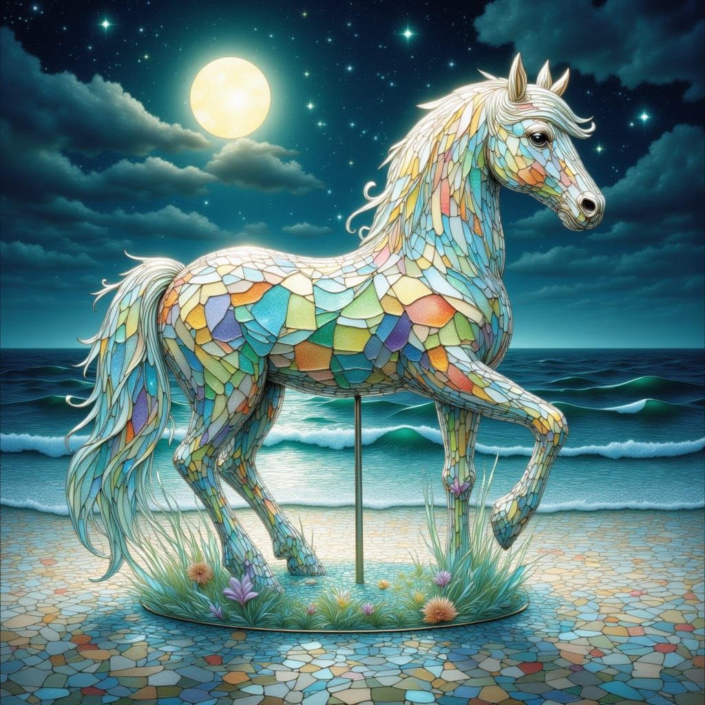 Whimsical Sea Glass Carousel Horse on Moonlit Beach