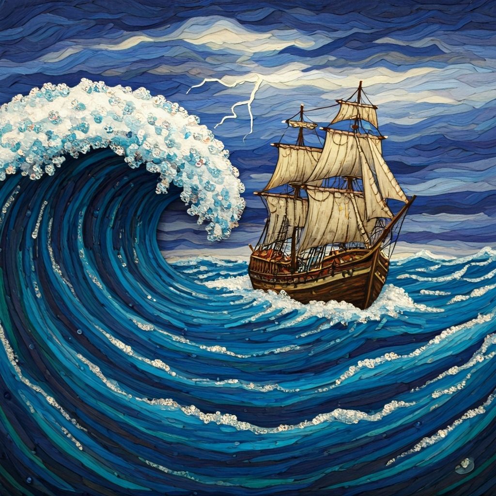 Rickety Ship Navigating Stormy Seas: Mixed Media Art