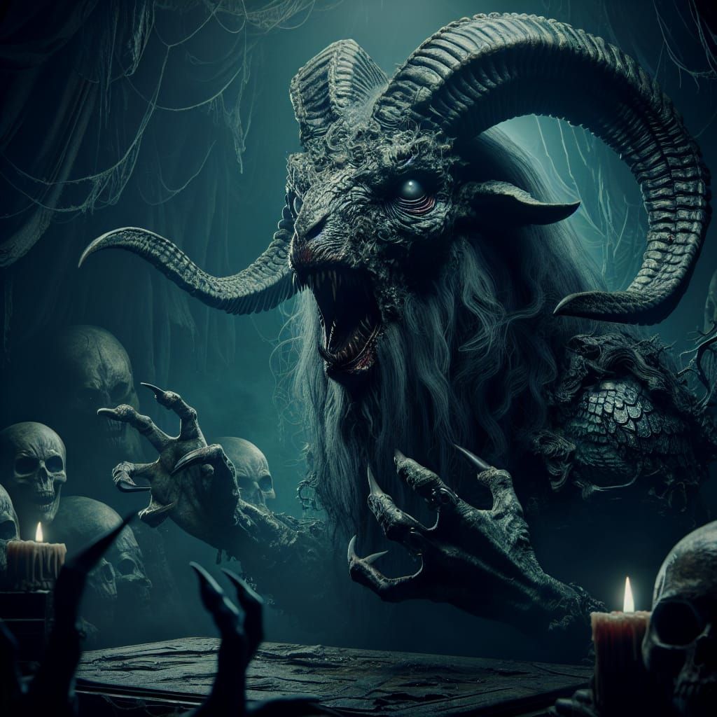 Demonic Goat Snake Hybrid in Dark Ritual Scene