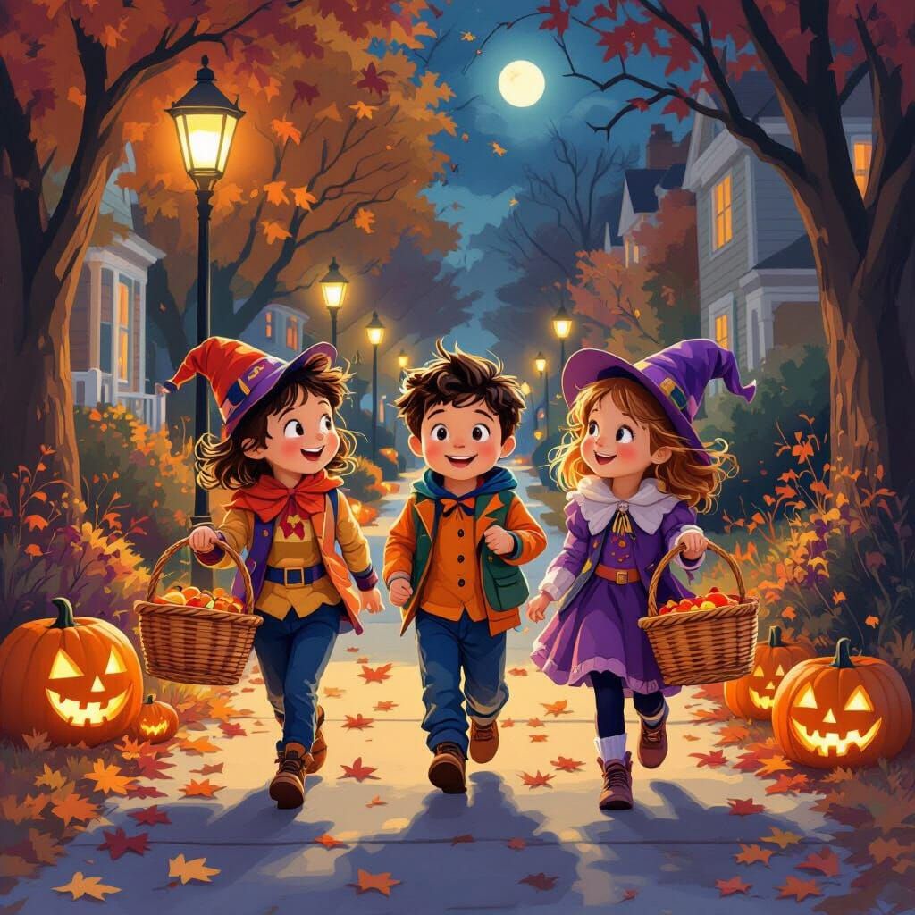 Happy Children in Halloween Costumes with Baskets