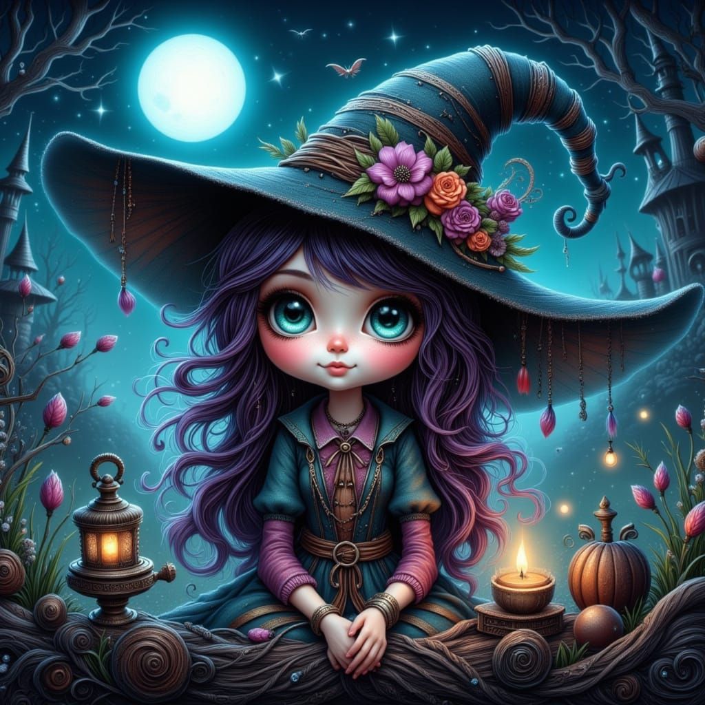 Eerie Moonlit Night Featuring Cute Big-Eyed Witch