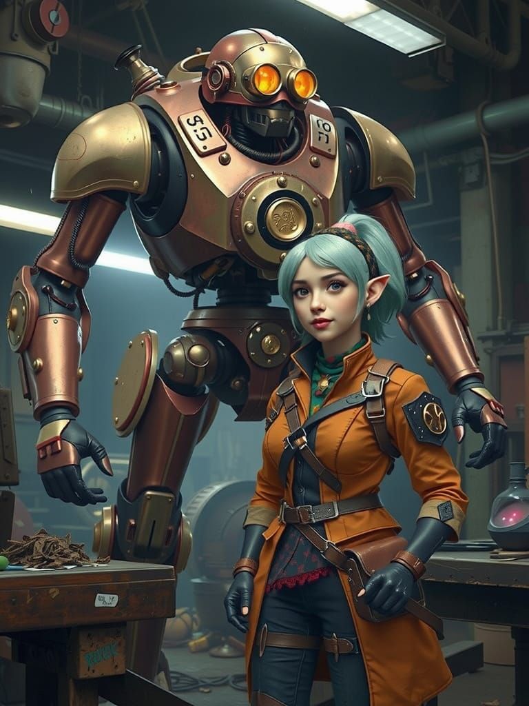 Gnome Artificer and Steampunk Exosuit in Repair Bay
