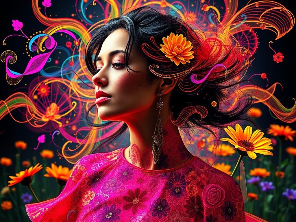Surreal Woman Portrait with Neon Wildflowers