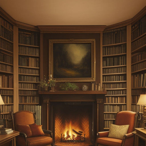 Cozy Oil Painting of a Library Fireplace