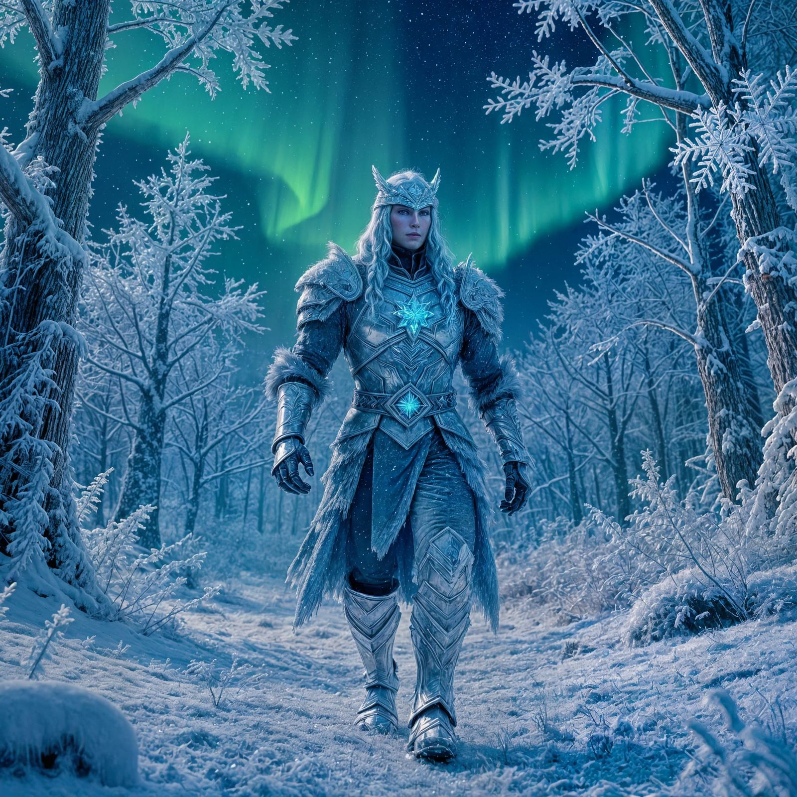 Snowflake Warrior in Ethereal Frozen Forest