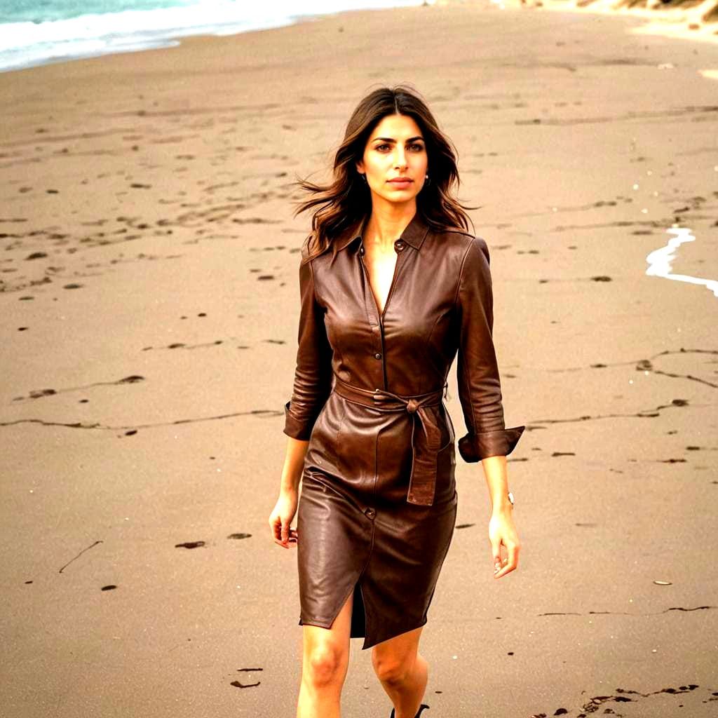 Woman in Leather Dress Walking Near Ocean