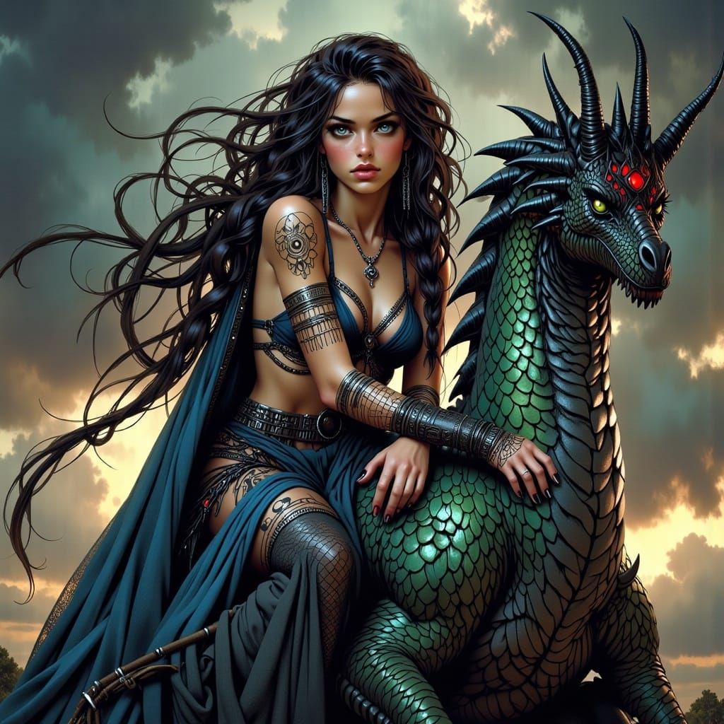 Dragon Woman Rides Dragon in Hyperrealistic Style