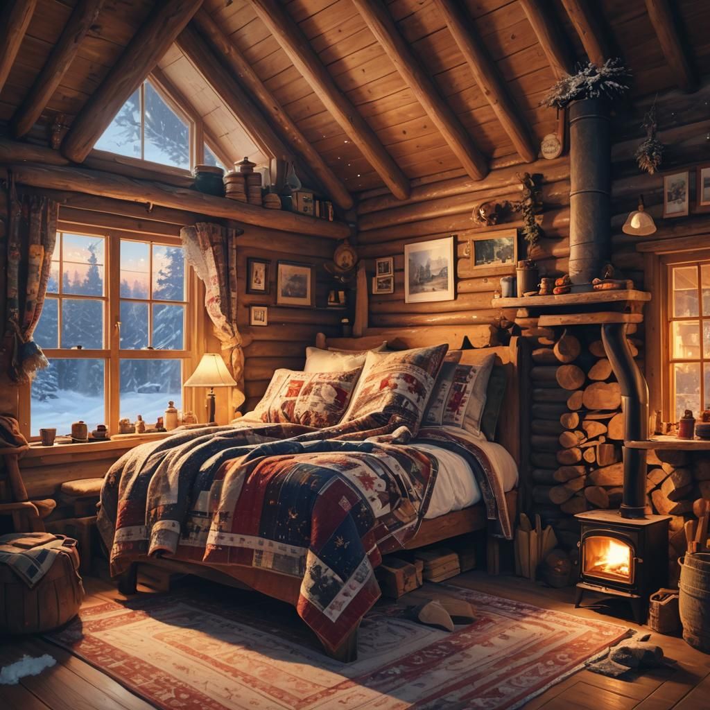 A log cabin at dusk, with a large, cozy bed covered in thick...