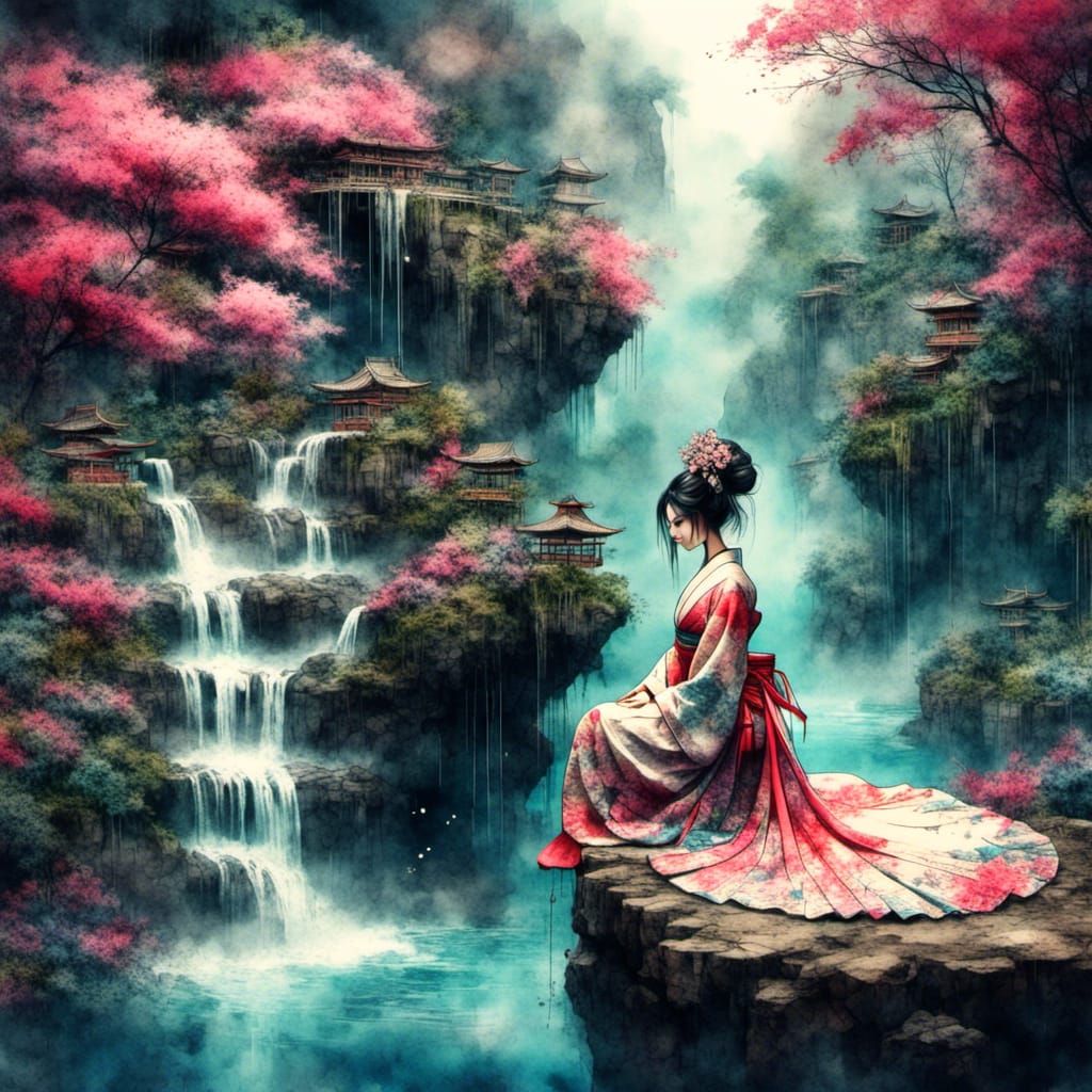 Surreal Geisha on Floating Utopia with Waterfall