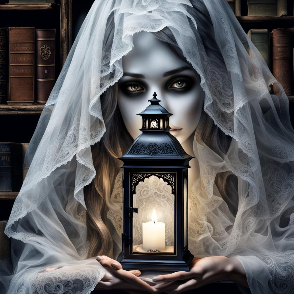 Haunted Library with Ghosts and Lanterns