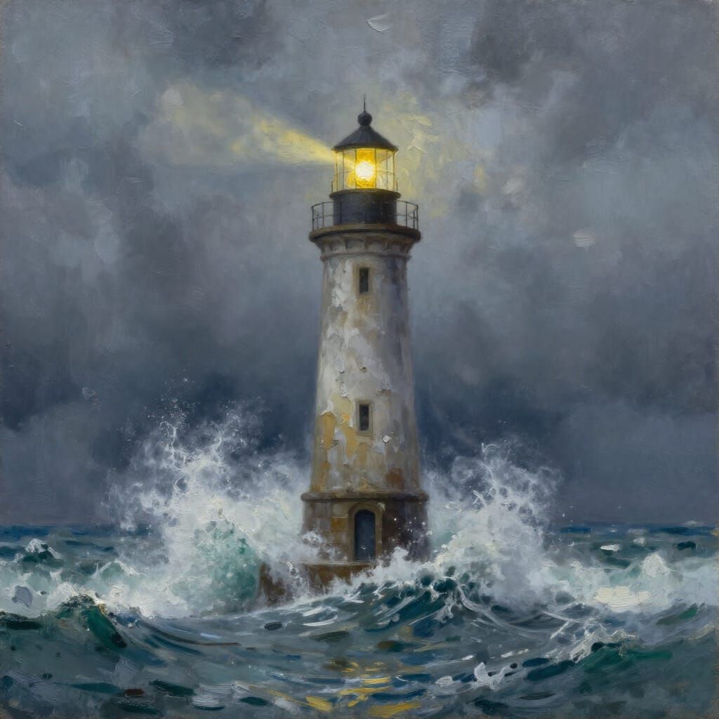 Weathered Lighthouse Against Stormy Seas