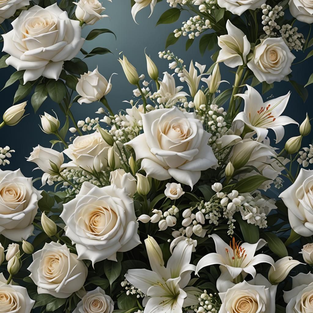 Wedding Bouquet: White Roses and Lilies in Matte Painting St...