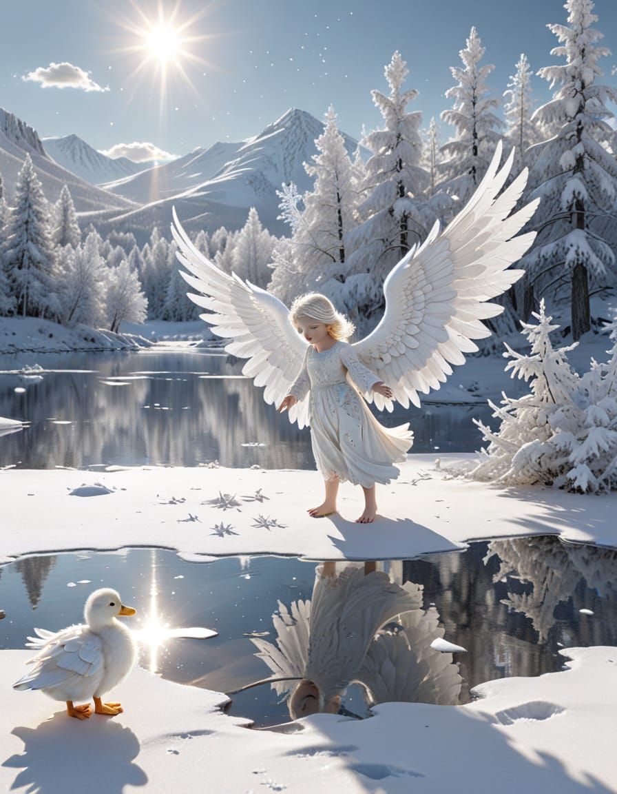 Dazzling White Angel in Snowy Landscape