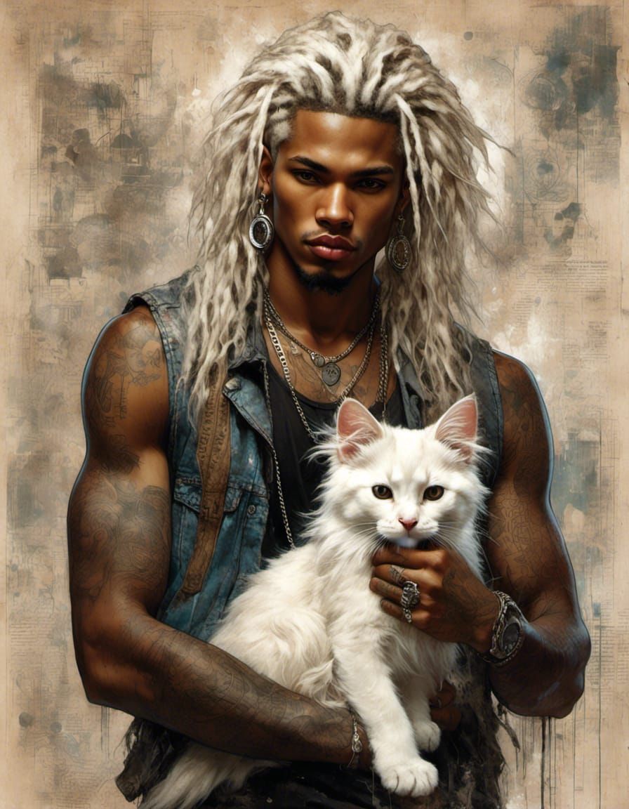 Young Man Holding Kitten in Grunge Poster Style