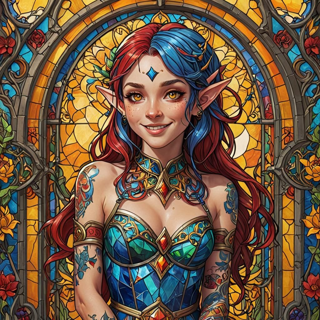 Elf in front of stained glass window