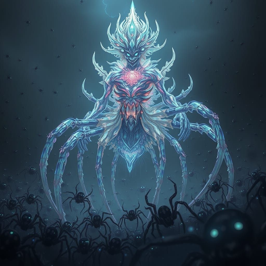 Primal, Crystal Being Surrounded by Reverent Arachnids in a ...