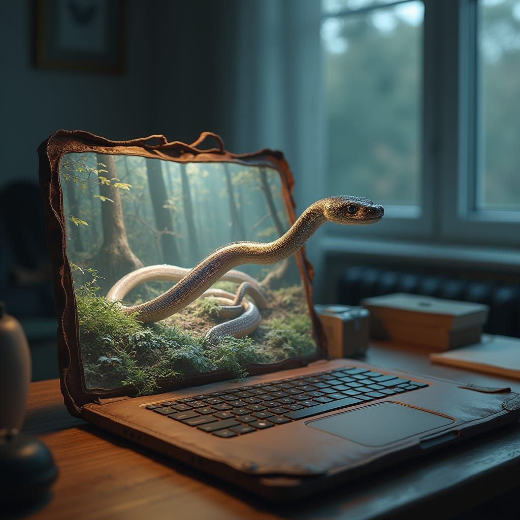 Surreal Snake Emerging from Laptop Screen