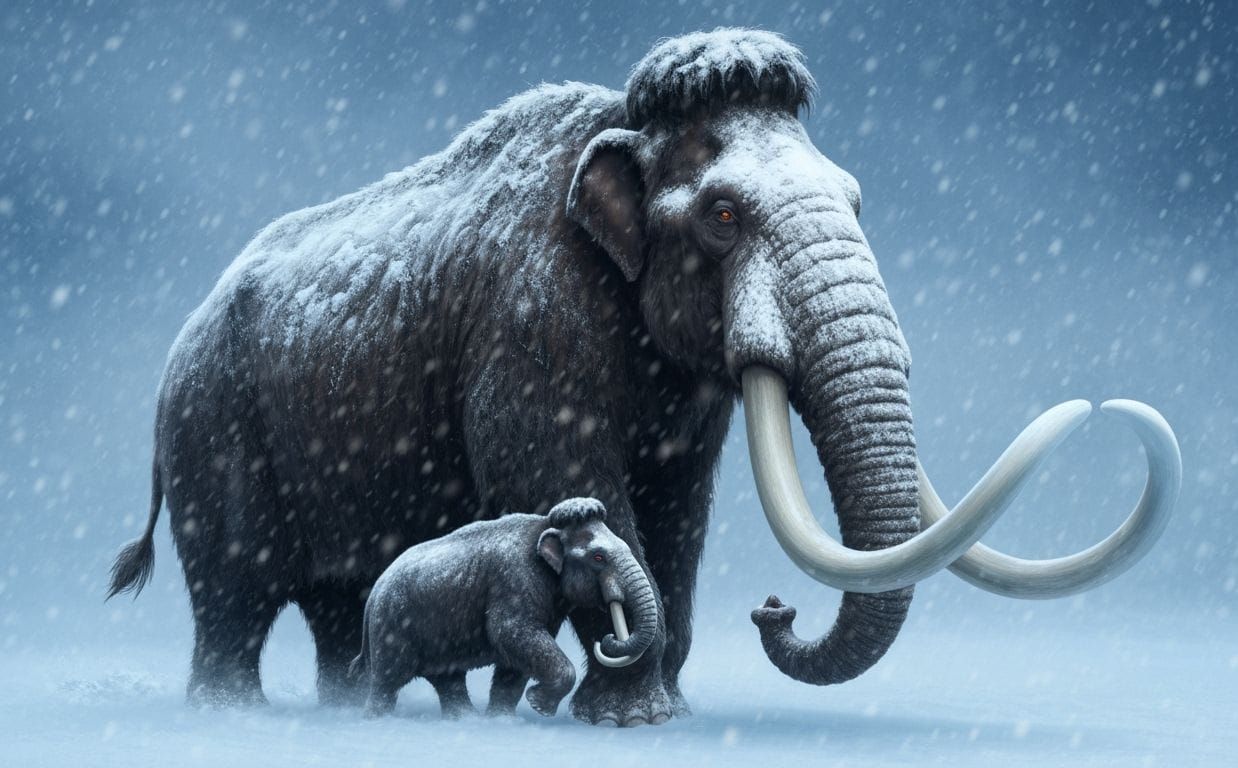 Woolly Mammoth Family in Snowstorm: Digital Painting