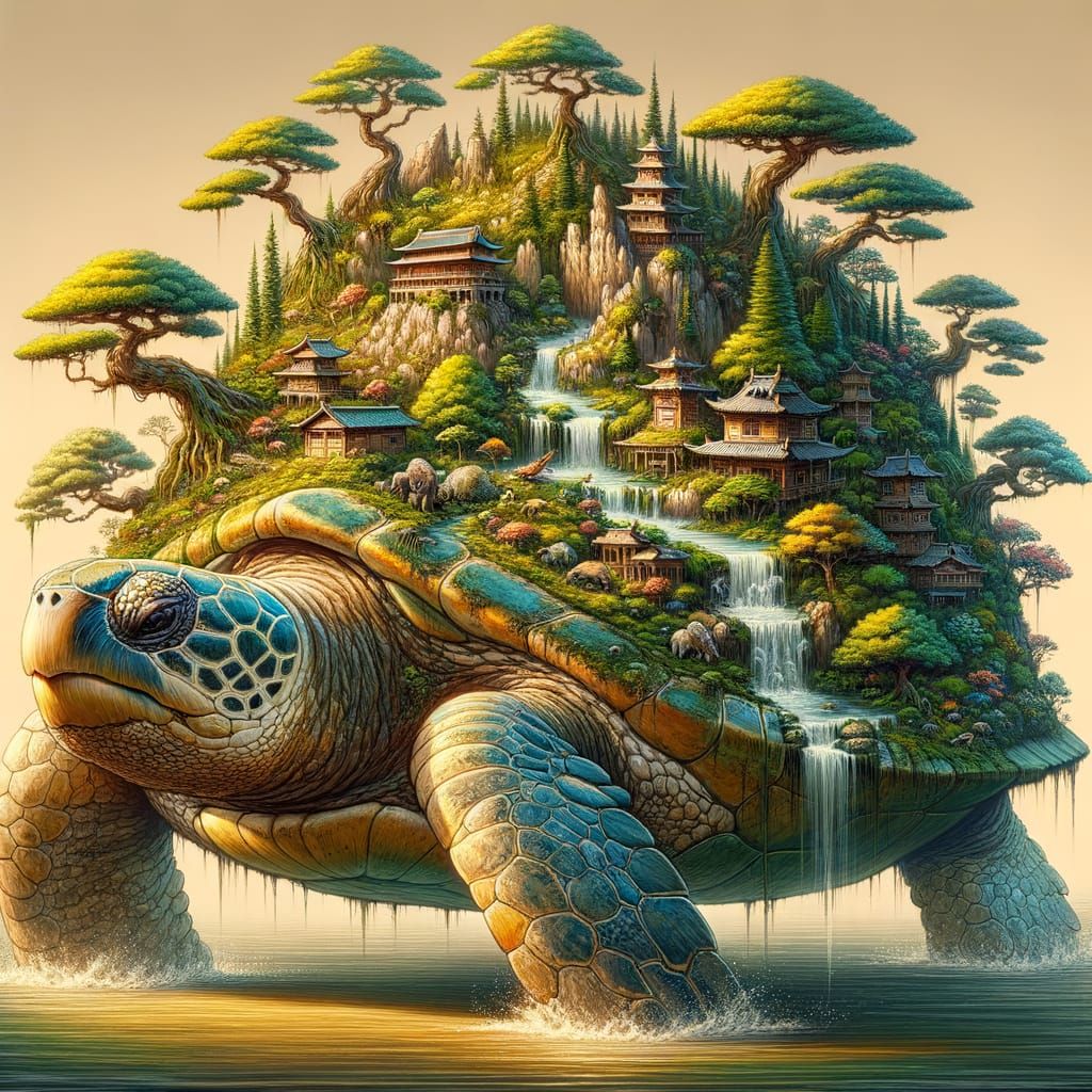 Majestic Sea Turtle Carries Ancient Village and Forest