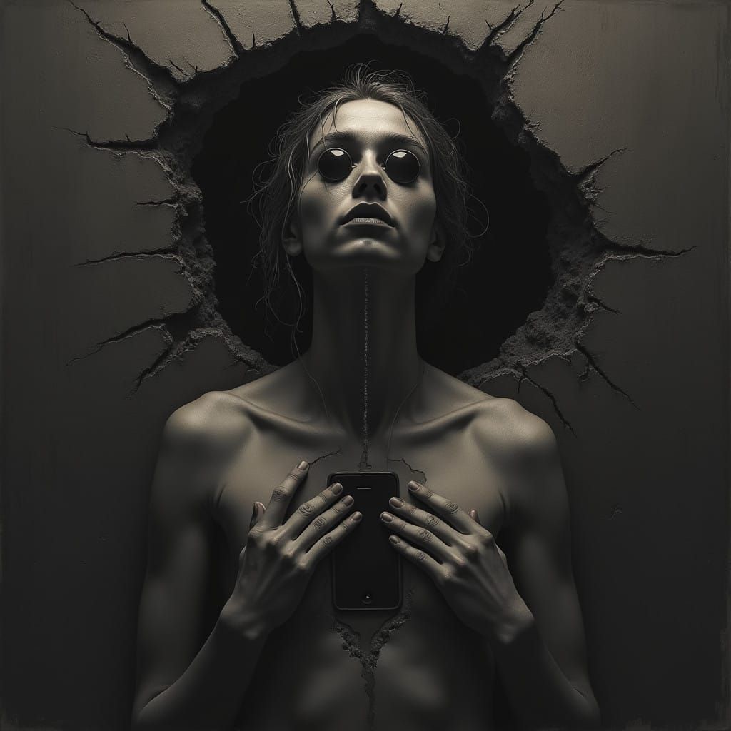 A Person Reaches into a Gaping Chest, iPhone Hanging Inside