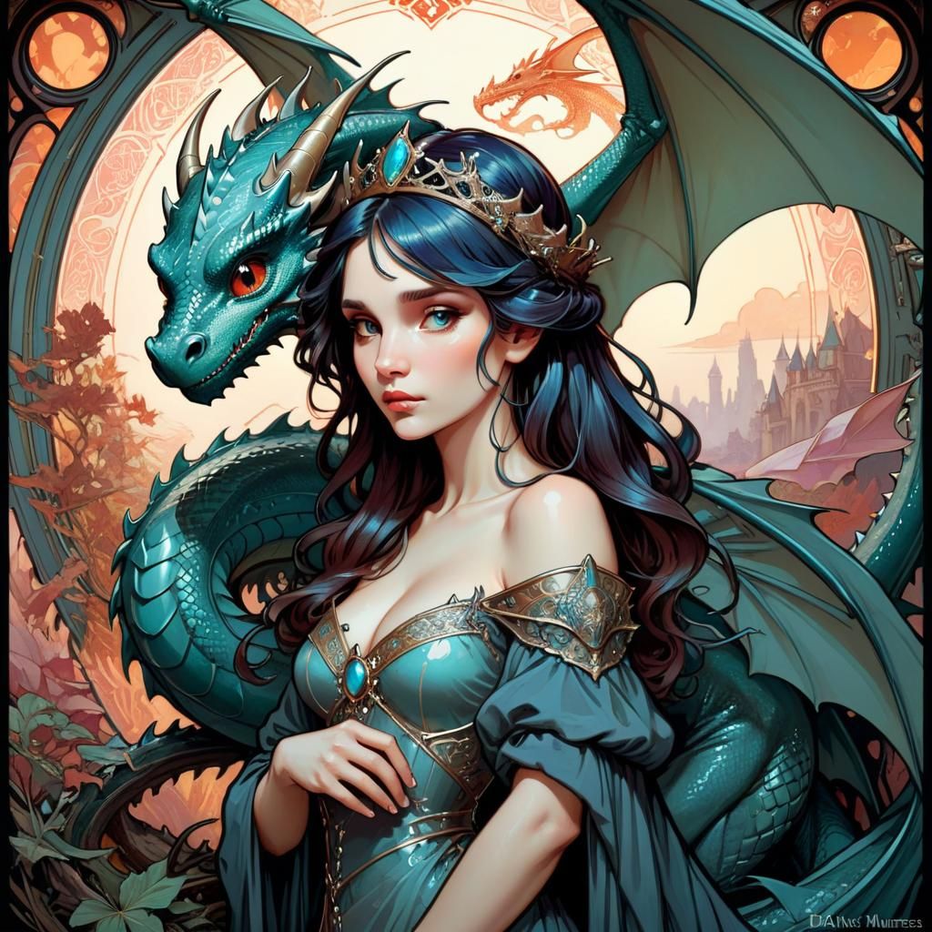 Queen Contemplates Dragons in Art Nouveau Style
