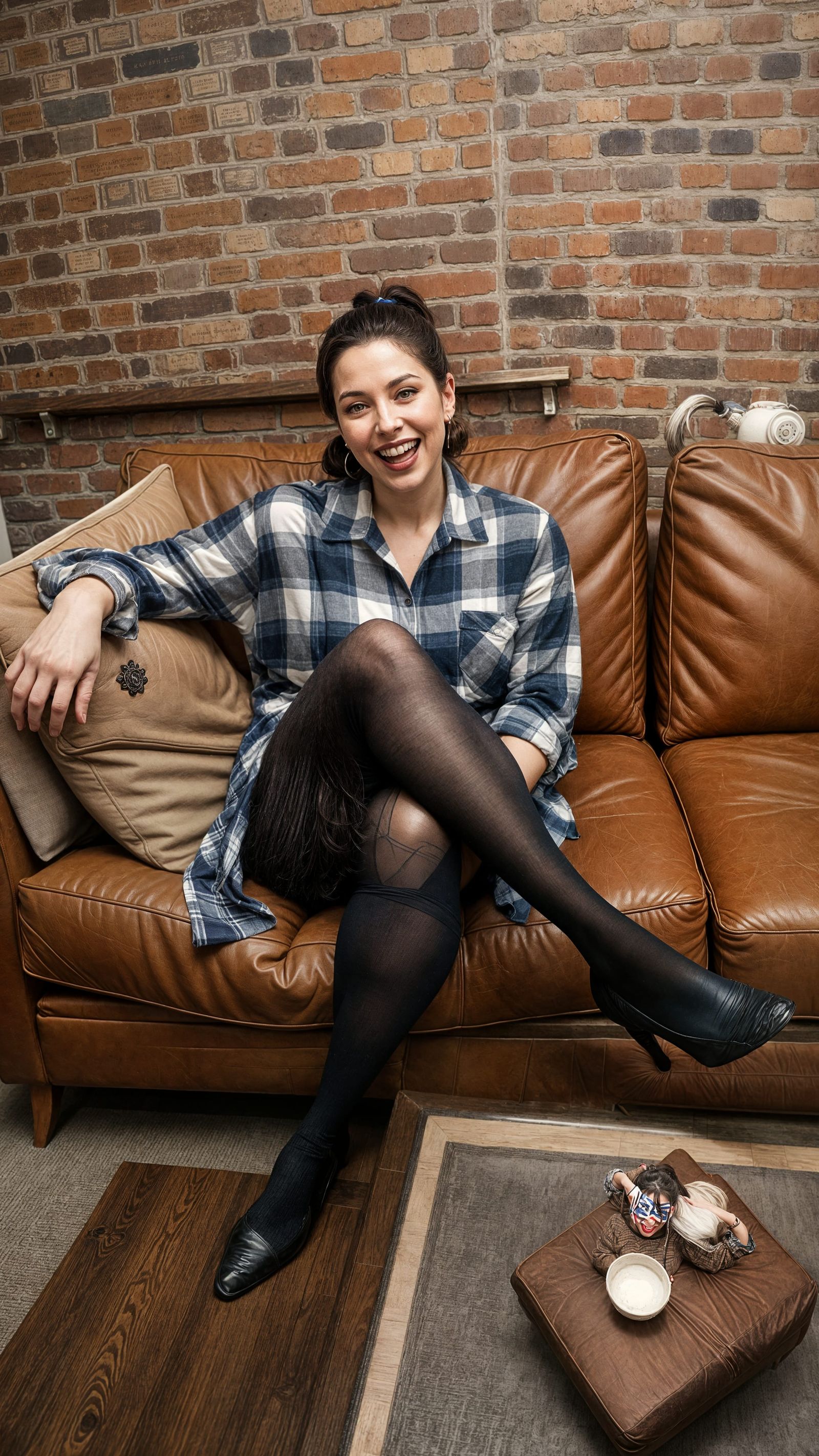Pinup Woman in Flannel Shirt Laughing on Sofa