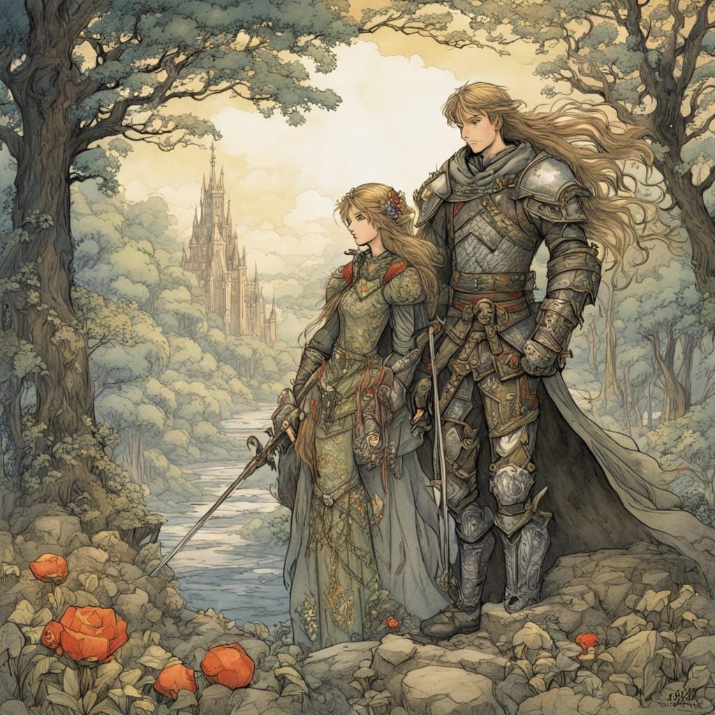 Paladin and Princess in Rackham-Style Anime Forest