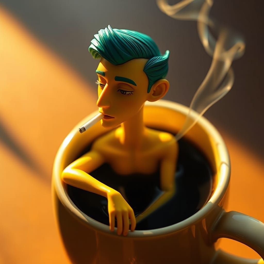 Miniature Man Smoking in Espresso Cup