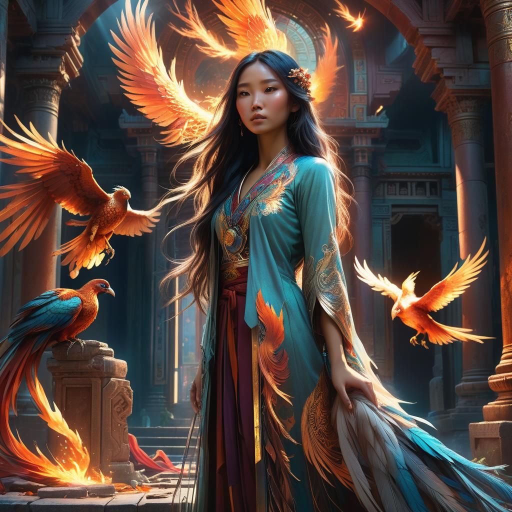 Girl and Phoenix in Mystical Temple, Fantasy Art