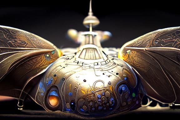 Steampunk Starship in Asteroid Field, Cel-Shaded 3D Render