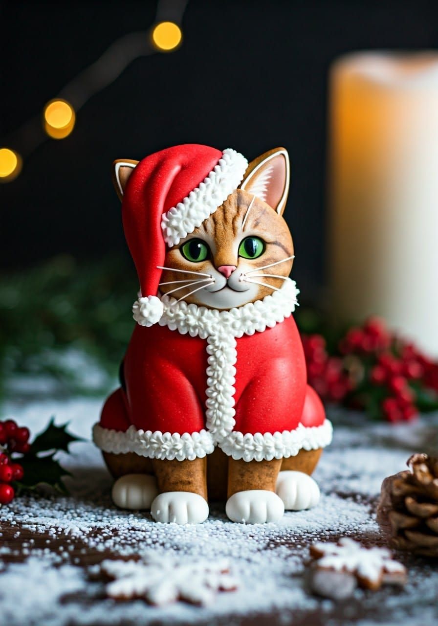 Gingerbread Cat in Festive Santa Claus Suit