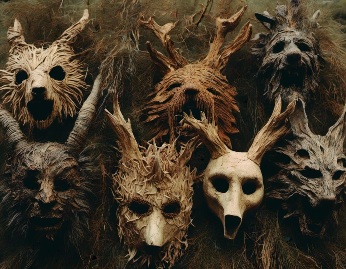 English Folk Horror Scene with Animal Masks