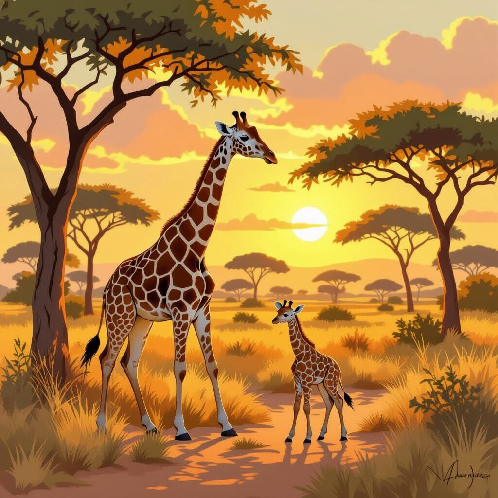 Giraffes in Golden Savanna Light