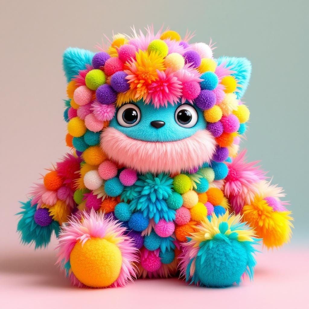Fluffy Pom Pom Baby Monster in Kawaii Folk Art Style