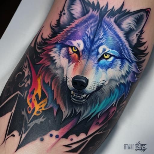 male forearm with colorful wolf tattoo