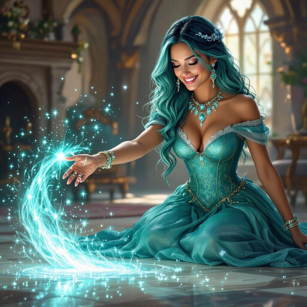 Fantasy Enchantress Cleans with Magical Teal Light