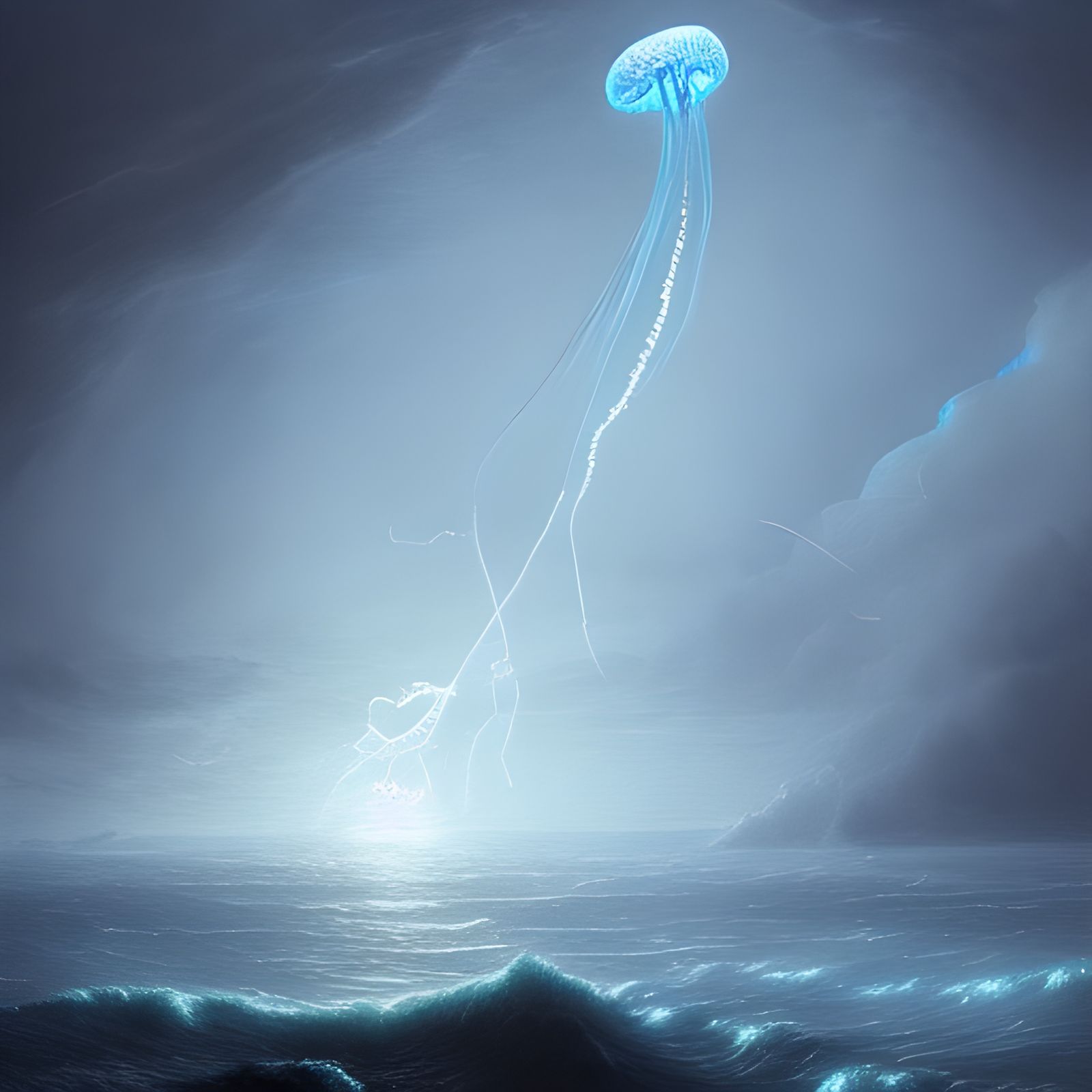 Lunar Jellyfish in Electric Storm, Dark Fantasy Art
