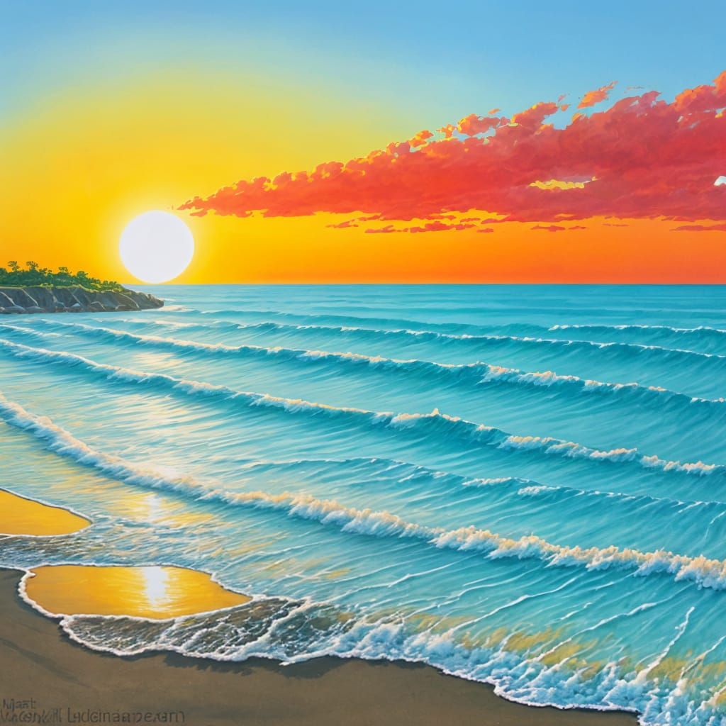 Sunset Beach with Dolphins: Gouache Painting
