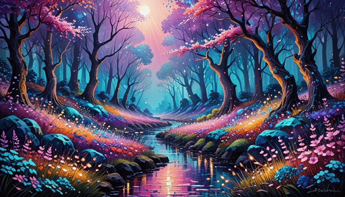 Magical Forest Stream with Glowing Flowers