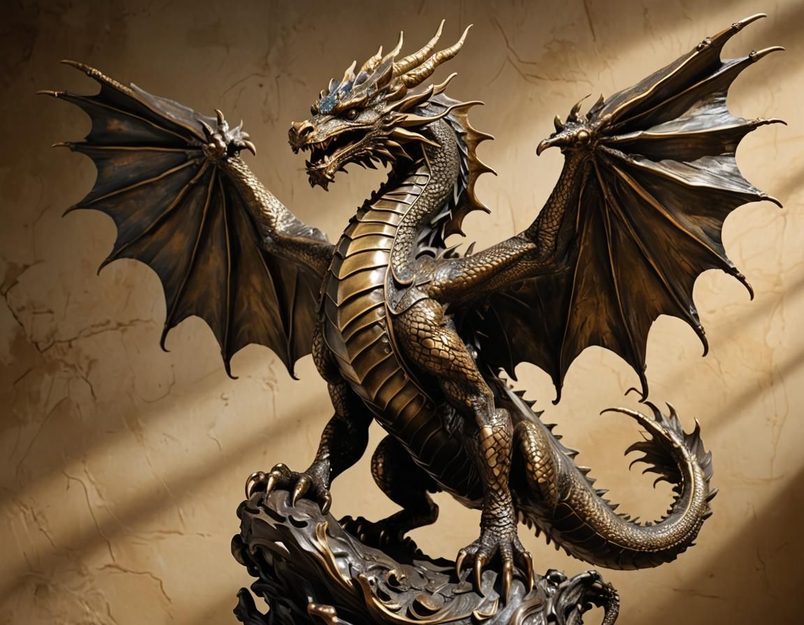 Majestic Bronze Dragon Sculpture with Dramatic Lighting