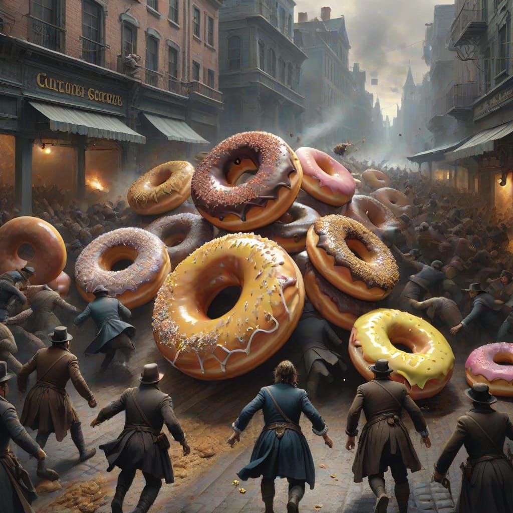 Giant Donuts Terrorize City in Engraving Style