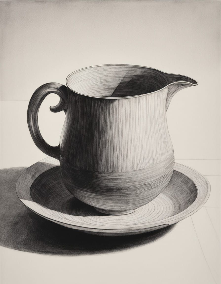 A  black and white minimalist pencil sketch of light falling on a jug and basin