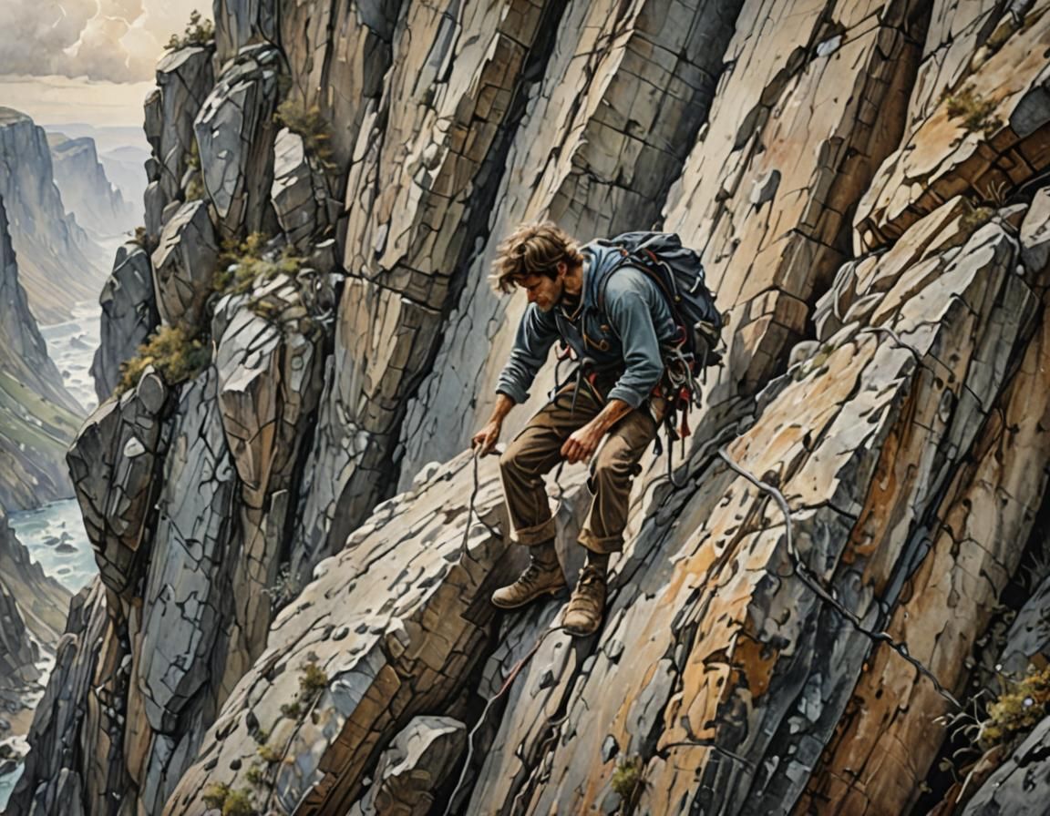 Hyperrealistic Rock Climber on Mountain Cliffs