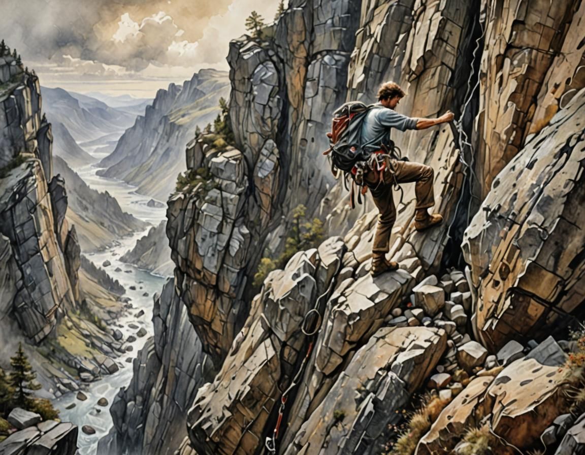 Hyperrealistic Rock Climber on Sheer Mountain Cliffs