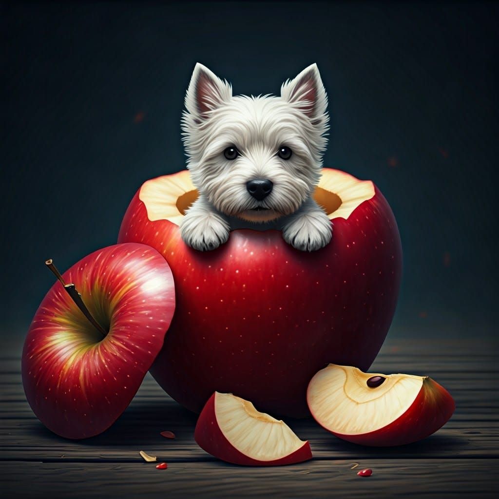 Westie Puppy in Apple, Hyper-Realistic Matte Painting
