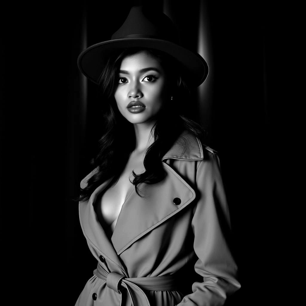 Noir Portrait of Laotian Woman in Trench Coat