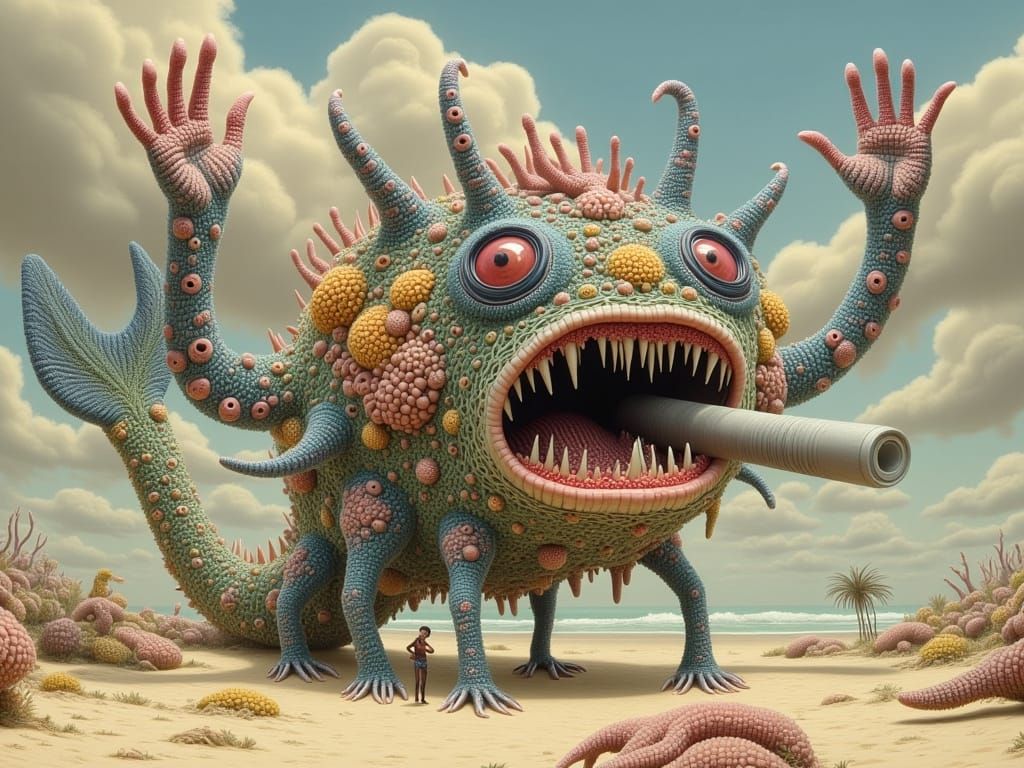 Whimsical Surrealist Illustration of a Shark-Caterpillar Reb...