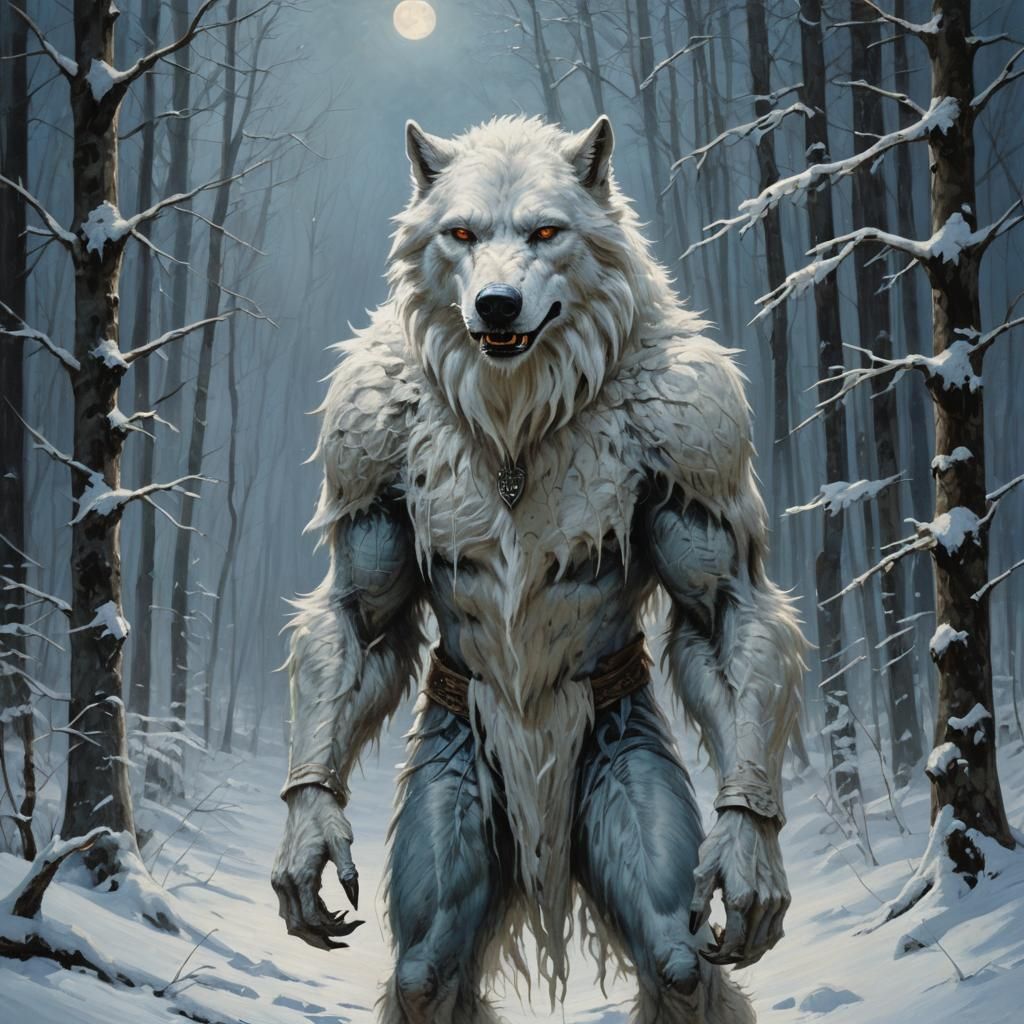 White Werewolf in Snowy Forest: Gothic Oil Painting