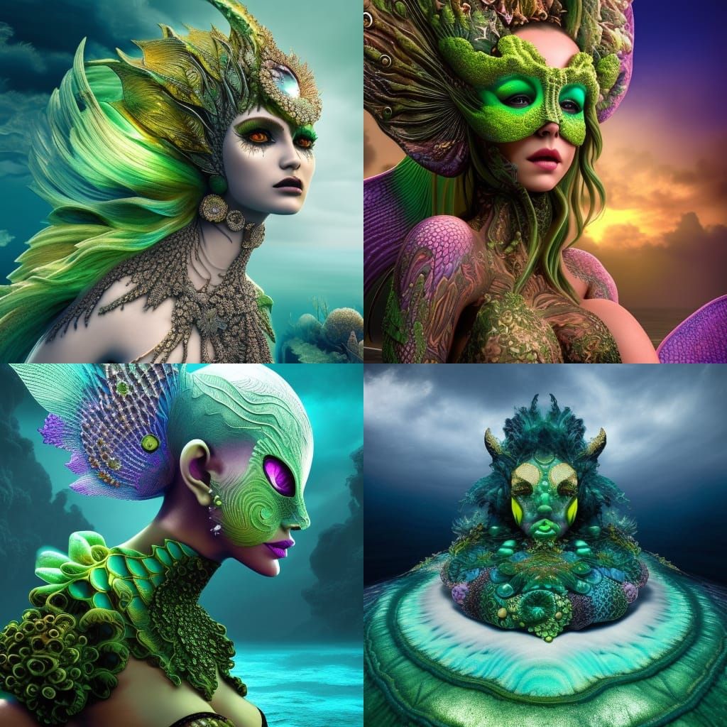 Fierce Mermaid with Green Mask in Hyperrealism Style