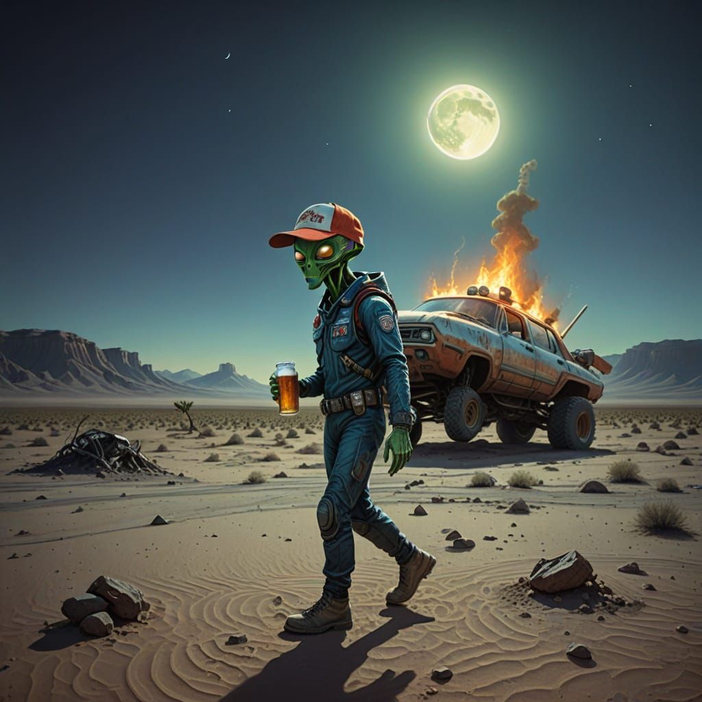 Sci-Fi Alien Crash Landing in Desert Sunset